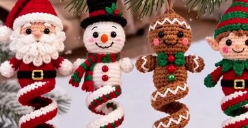 Crochet Santa, snowman, gingerbread man and elf spiral Christmas ornaments