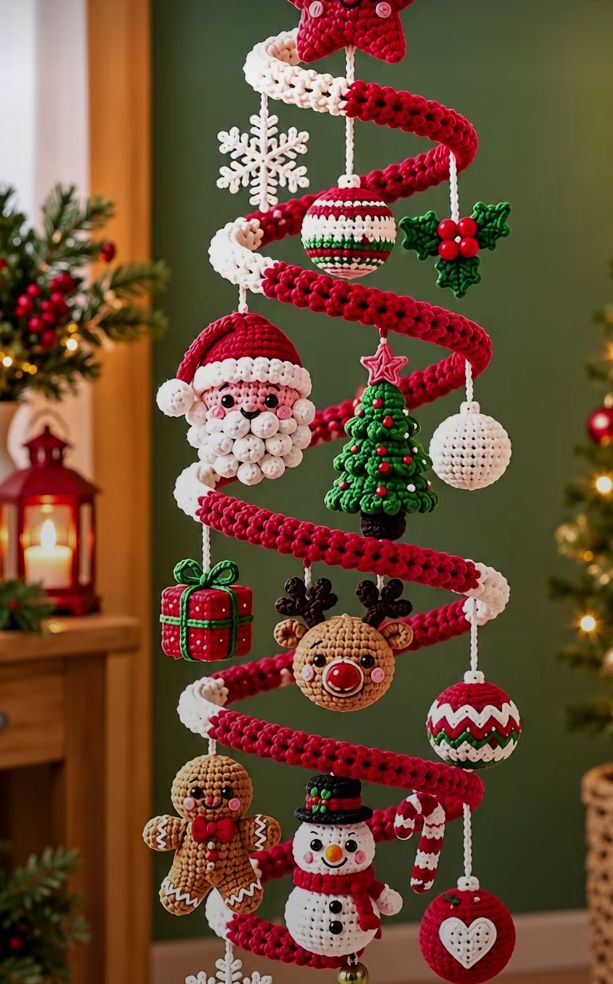 Red and white crochet spiral Christmas tree decoration with mini crochet ornaments