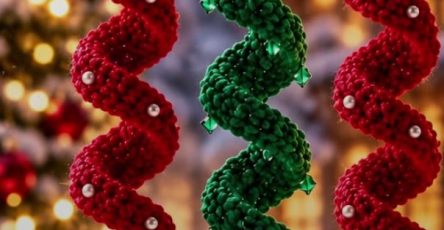 Red and green crochet Christmas spiral ornaments decorated with beads