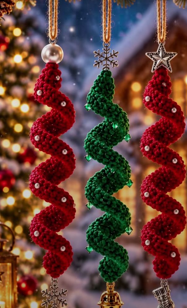Red and green crochet Christmas spiral ornaments decorated with beads